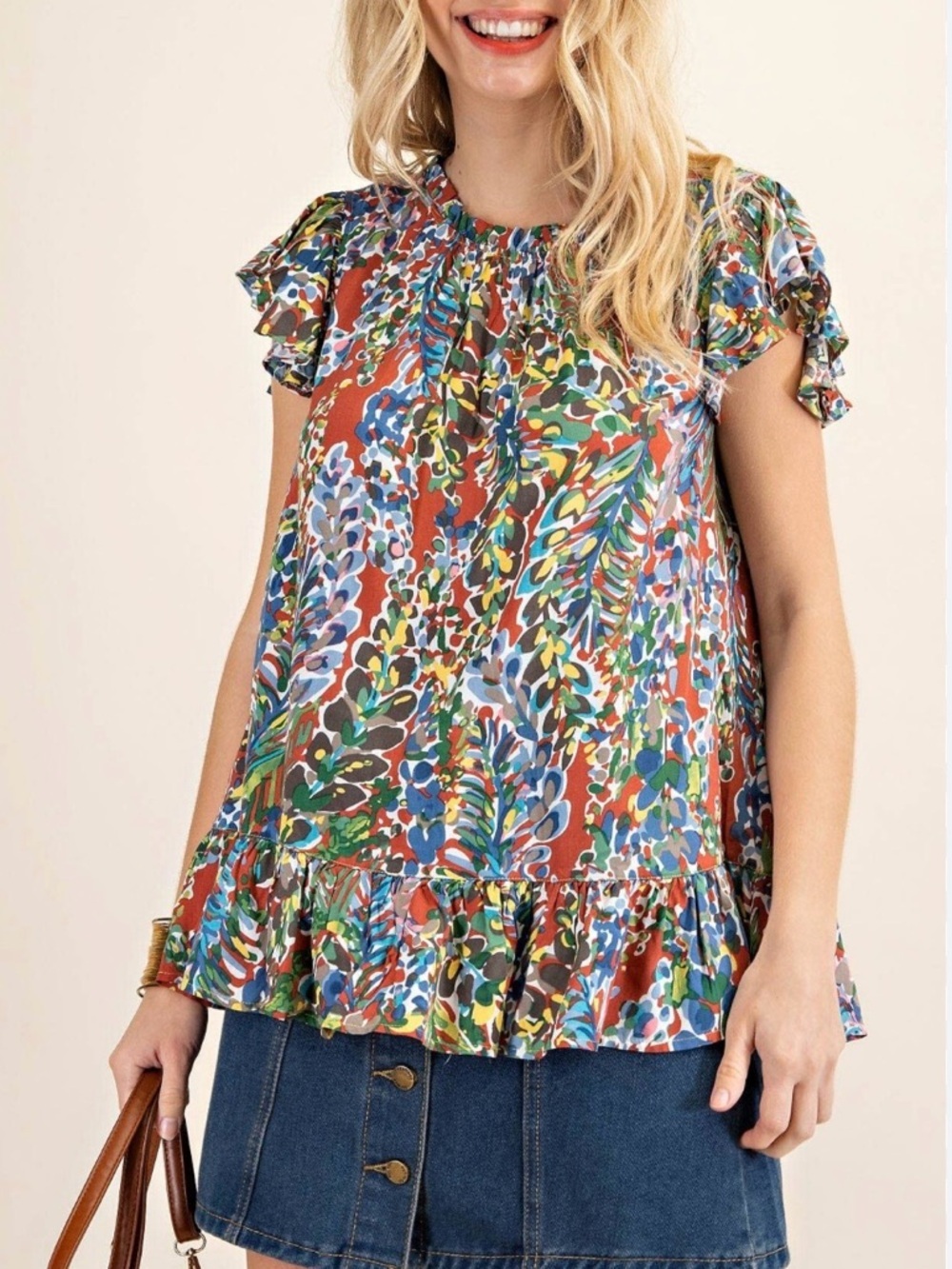 KORI Floral Ruffle Short-Sleeve Blouse ,Multi-Color,Medium,Boho-Chic Abstract